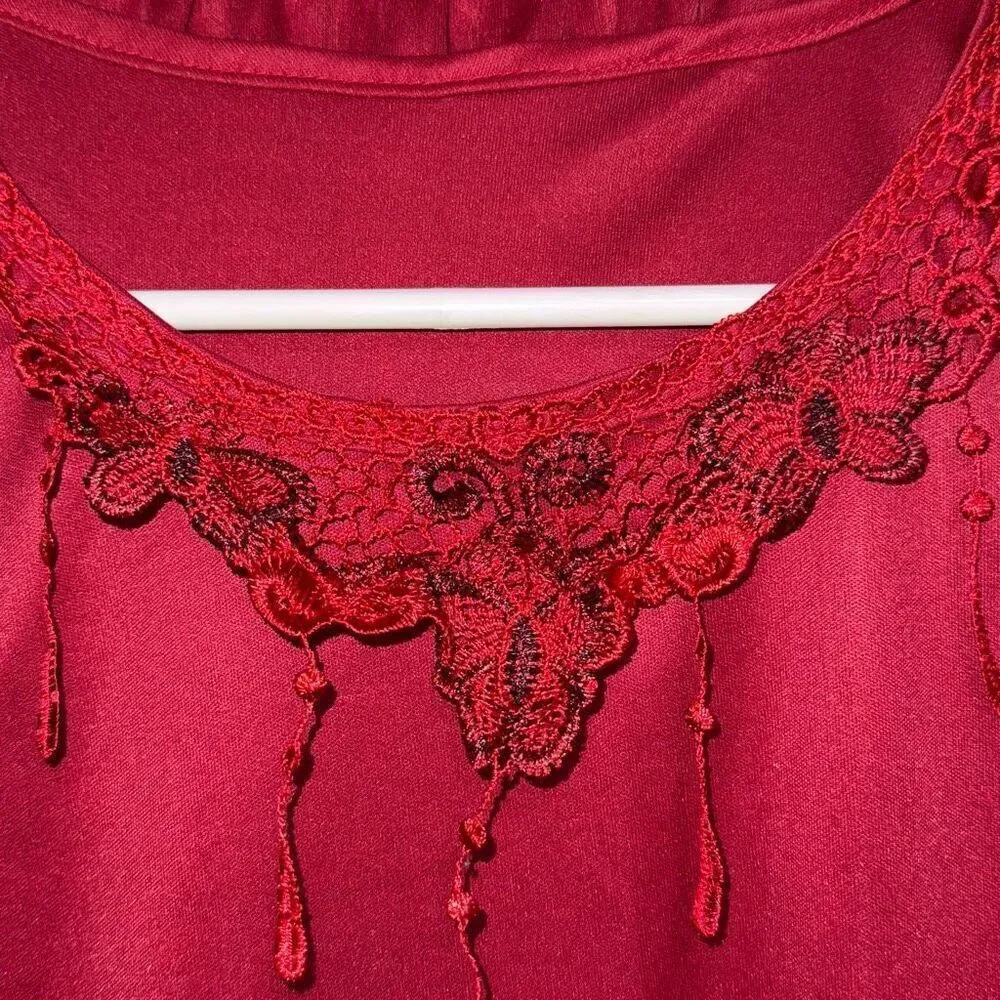Vintage 1990s Nylon Pajama Sleep Short Set- Rose Red W/ Butterfly Embroidery S/M
